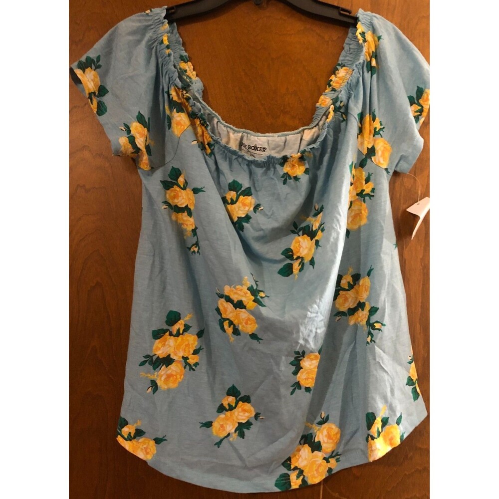 Juniors Aqua Yellow Flower Off the Shoulder Top Size Small NWT B1
